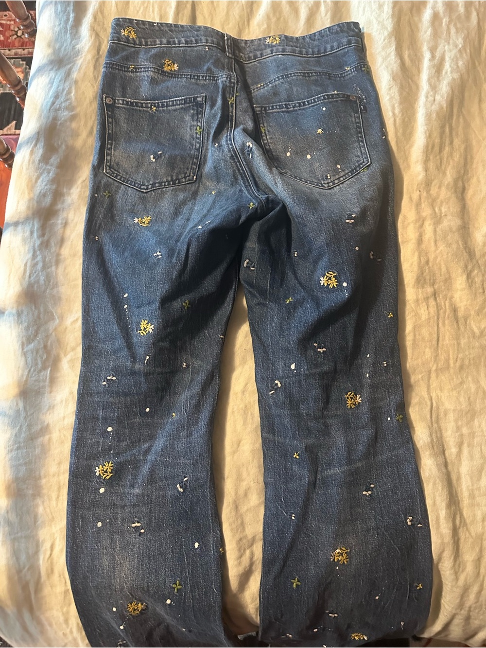 Pilcro Dark Blue Embroidered Flare Jeans with White Paint Accents - Picture 3 of 3